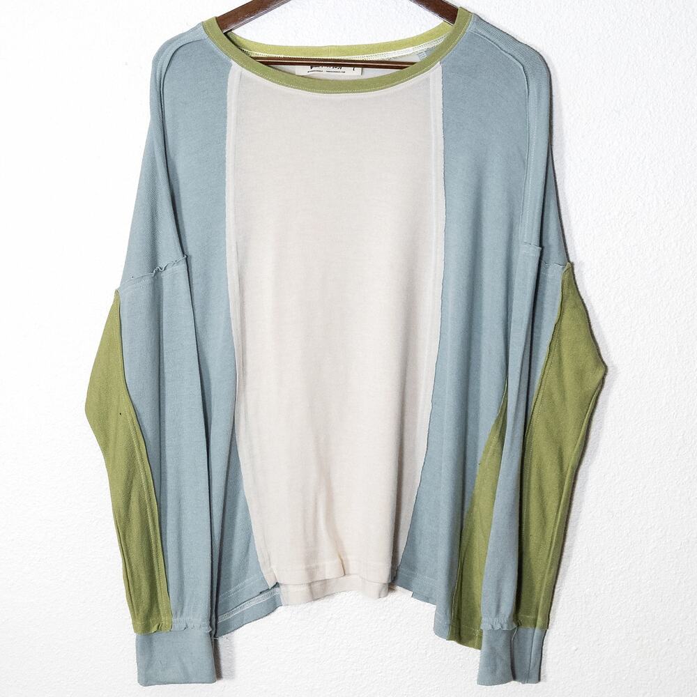 Three Bird Nest Colorblock Tunic Top Cream Blue Size L Boho Oversized
